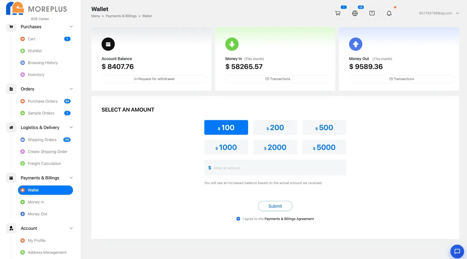 The B2B wallet: account balance, money in and money out this month with transaction lists, and preset amounts to top up the prepaid balance