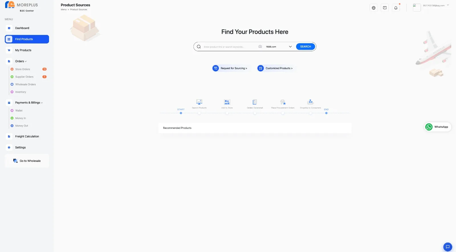The Find Products screen in the MorePlus seller workspace: search the translated catalogue by keyword, link or image, with Request for Sourcing and Customized Products entry points