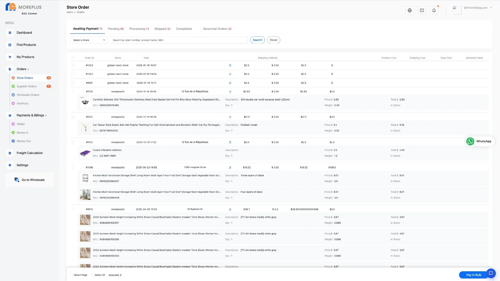 Store orders in MorePlus: orders grouped by status — awaiting payment, pending, processing, shipped — with product, SKU, itemised costs and Pay In Bulk