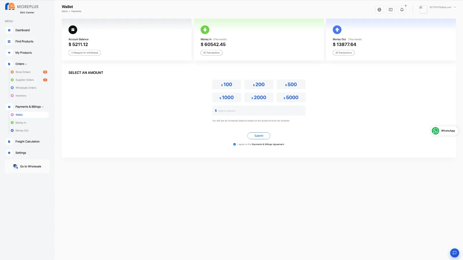 The MorePlus wallet: account balance, money in and money out this month with their transaction histories, and preset top-up amounts